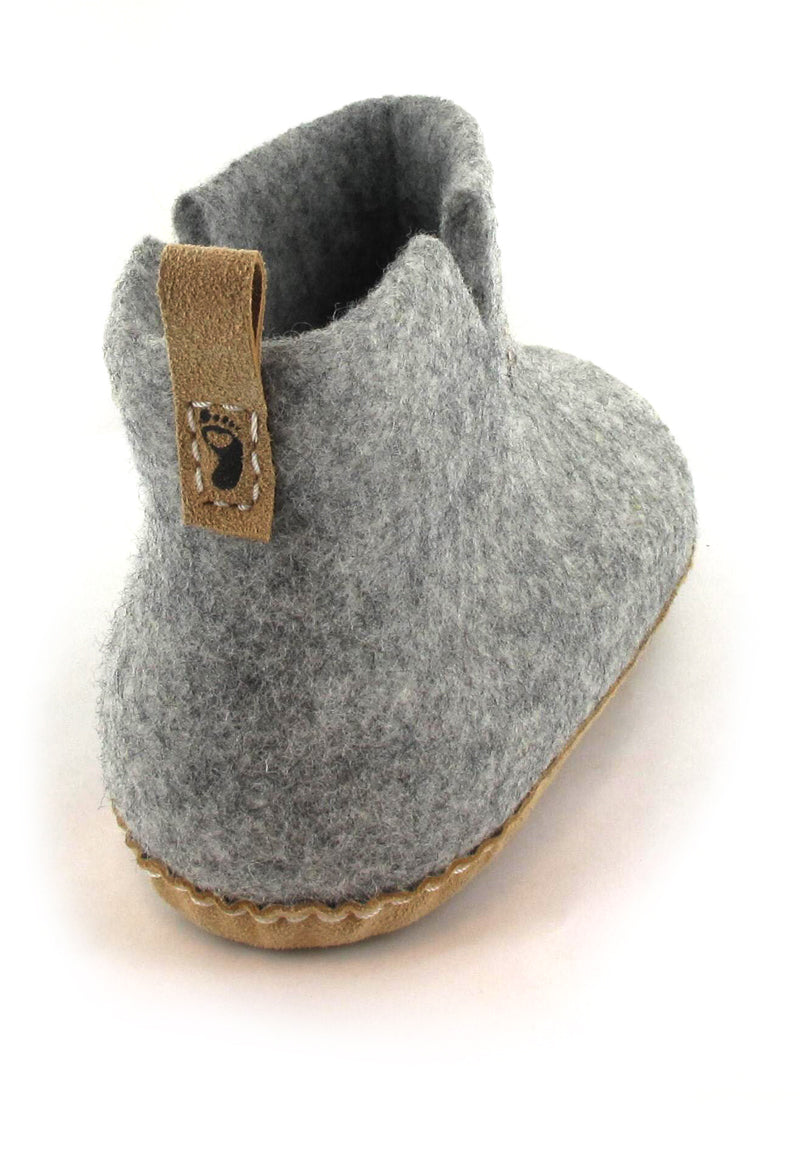 WoolFit Yeti Hand-Felted Wool Slipper Boots in Stone Gray, wool felt, rear three-quarter view; overhead top-down